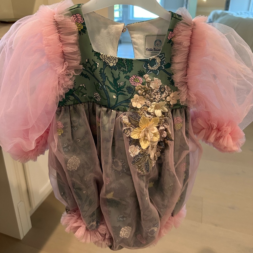 Petite Maison Kids Eva Pink and Green Floral Tulle Romper,
